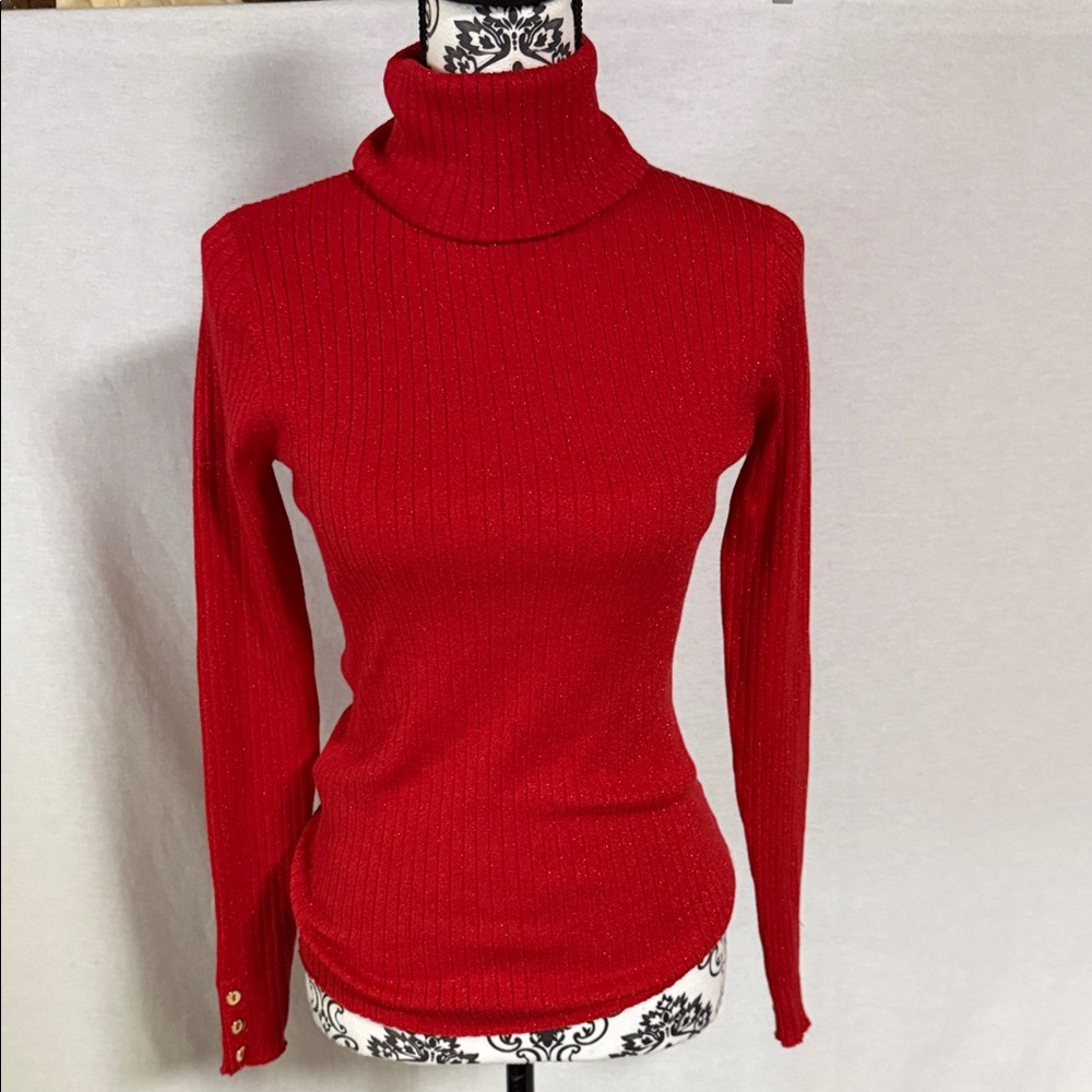 J McLaughlin Arlette Metallic Ribbed Red Turtleneck Sweater Gold Buttons